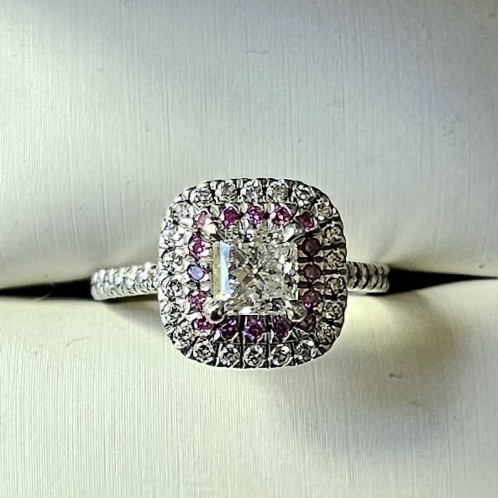 Platinum Lab Diamond Halo Ring 0.79ct E/VVS2 Princess Cut Pink+Hidden Halo Pave